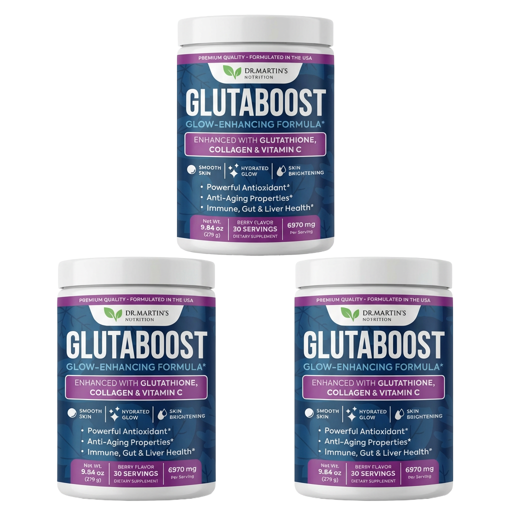 Three containers of Dr. Martin's Nutrition Glutaboost dietary supplement powder on a plain white background.