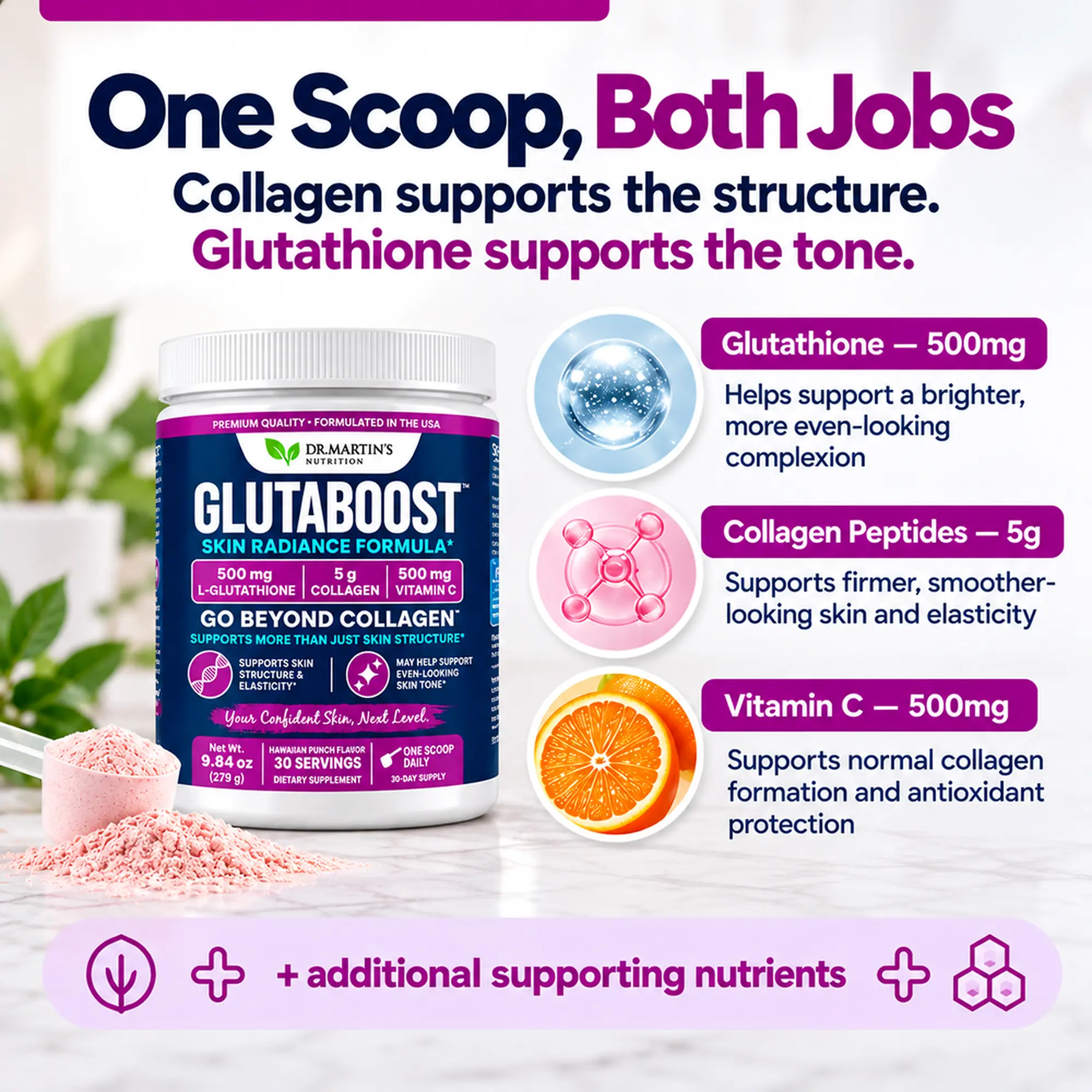 Supplement bottle with certifications and American flag background.