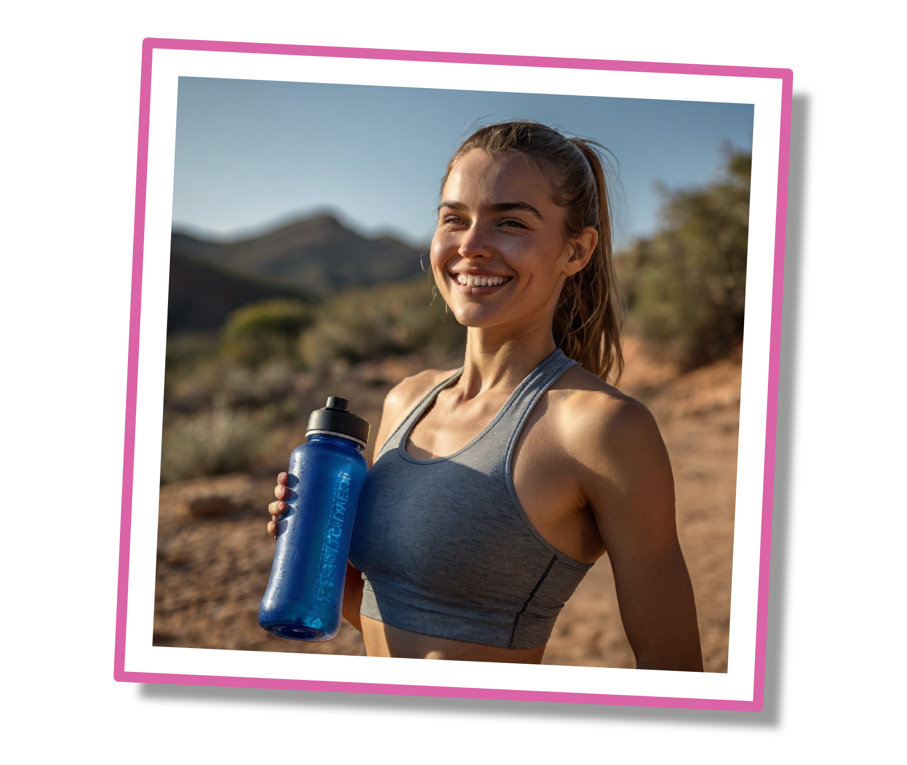 Smiling person holding a blue water bottle outdoors.