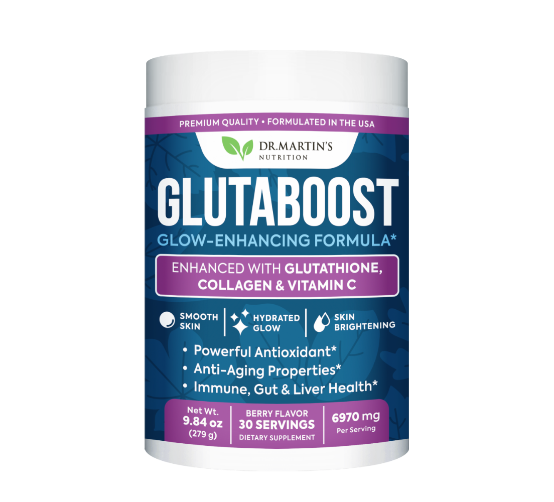 Glutaboost supplement container with glow-enhancing formula, featuring glutathione, collagen, and vitamin C.