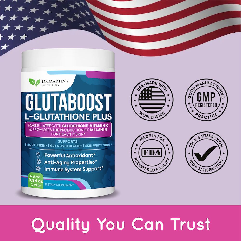 Supplement bottle with certifications and American flag background.