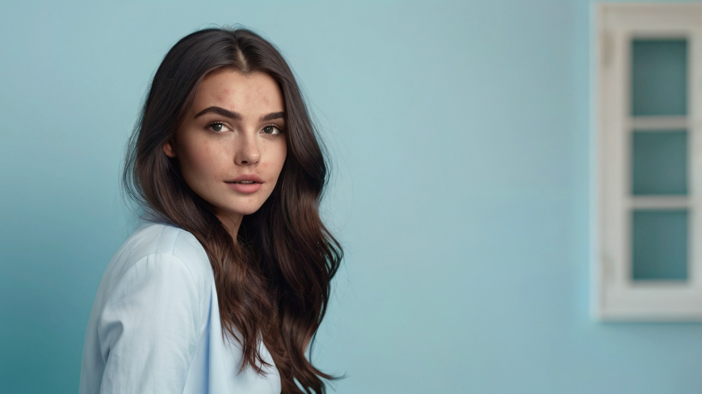 Woman with long dark hair against a light blue background.