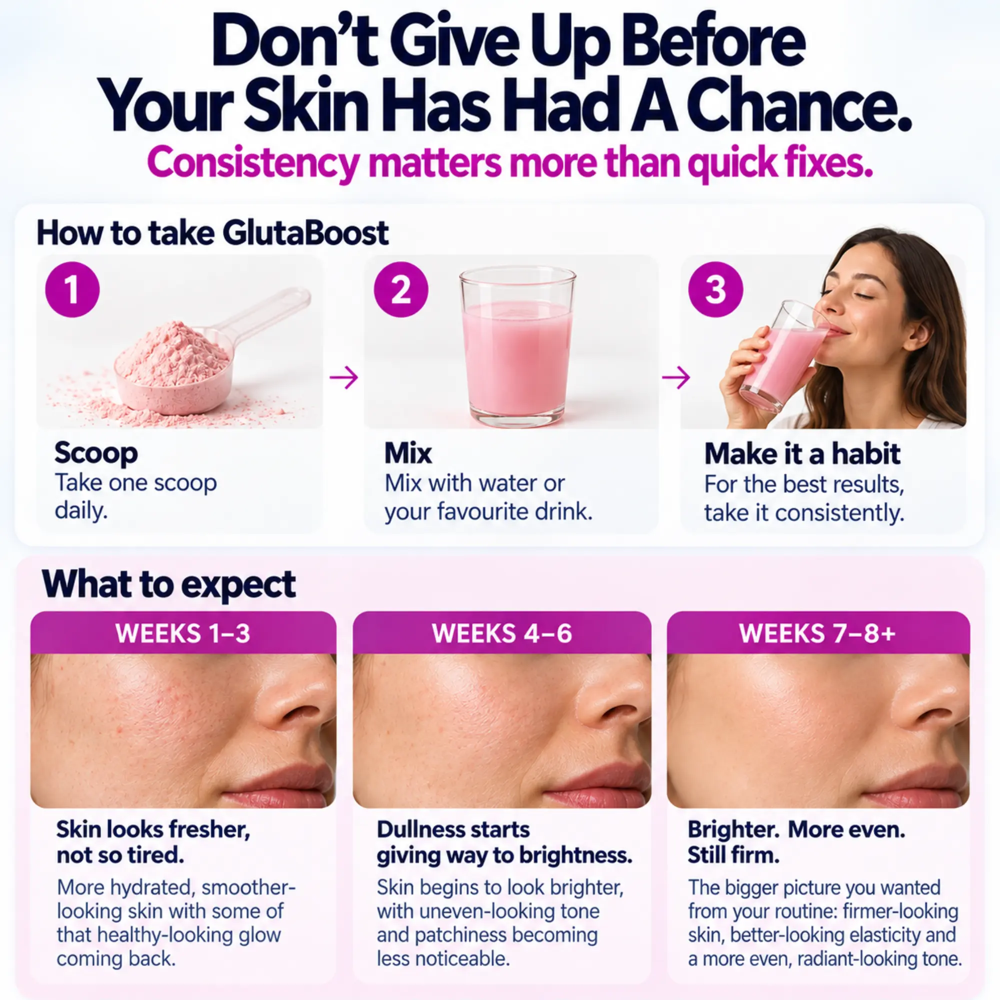 Product image with a jar of Glutaboost and a woman touching her face.