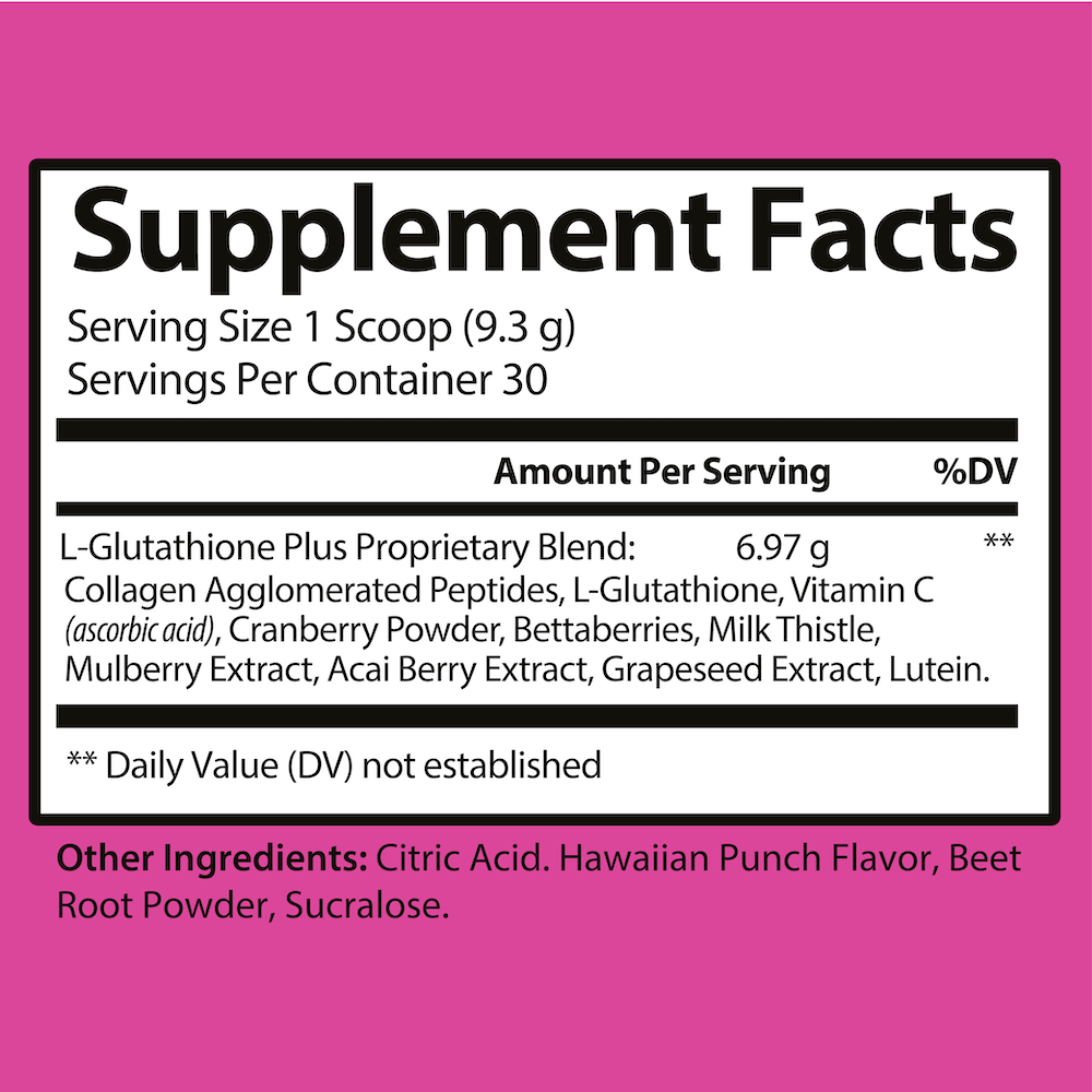 The supplement facts label for a health product, listing ingredients and serving size on a pink background.