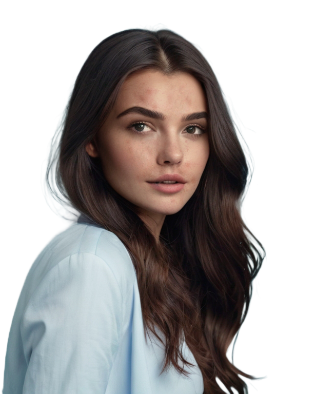 Woman with long dark hair against a light blue background.