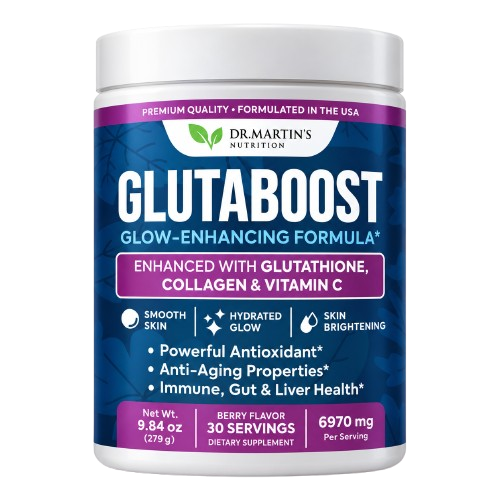 A white jar of Dr. Martin's Nutrition Glutaboost, a berry-flavored dietary supplement powder.