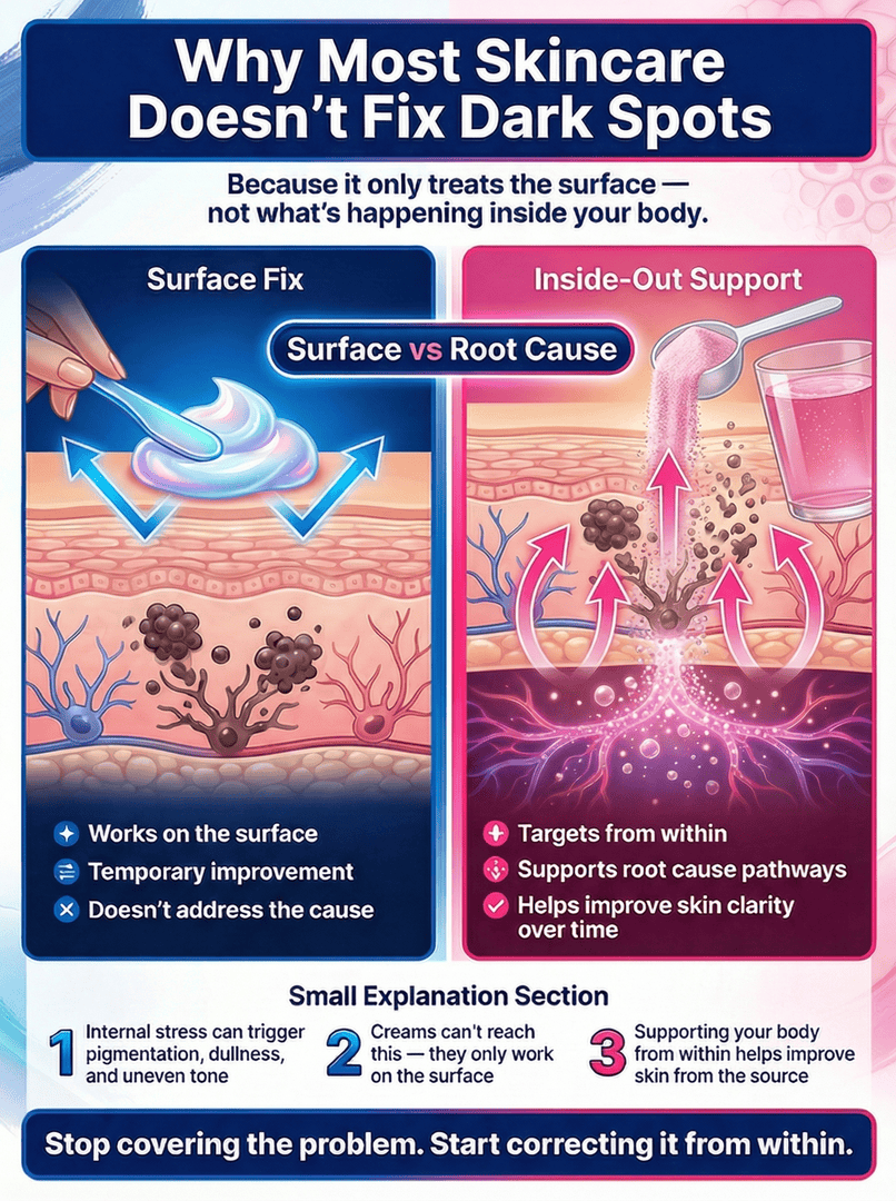Infographic comparing surface skincare treatments versus inside-out support for fixing dark spots on skin.
