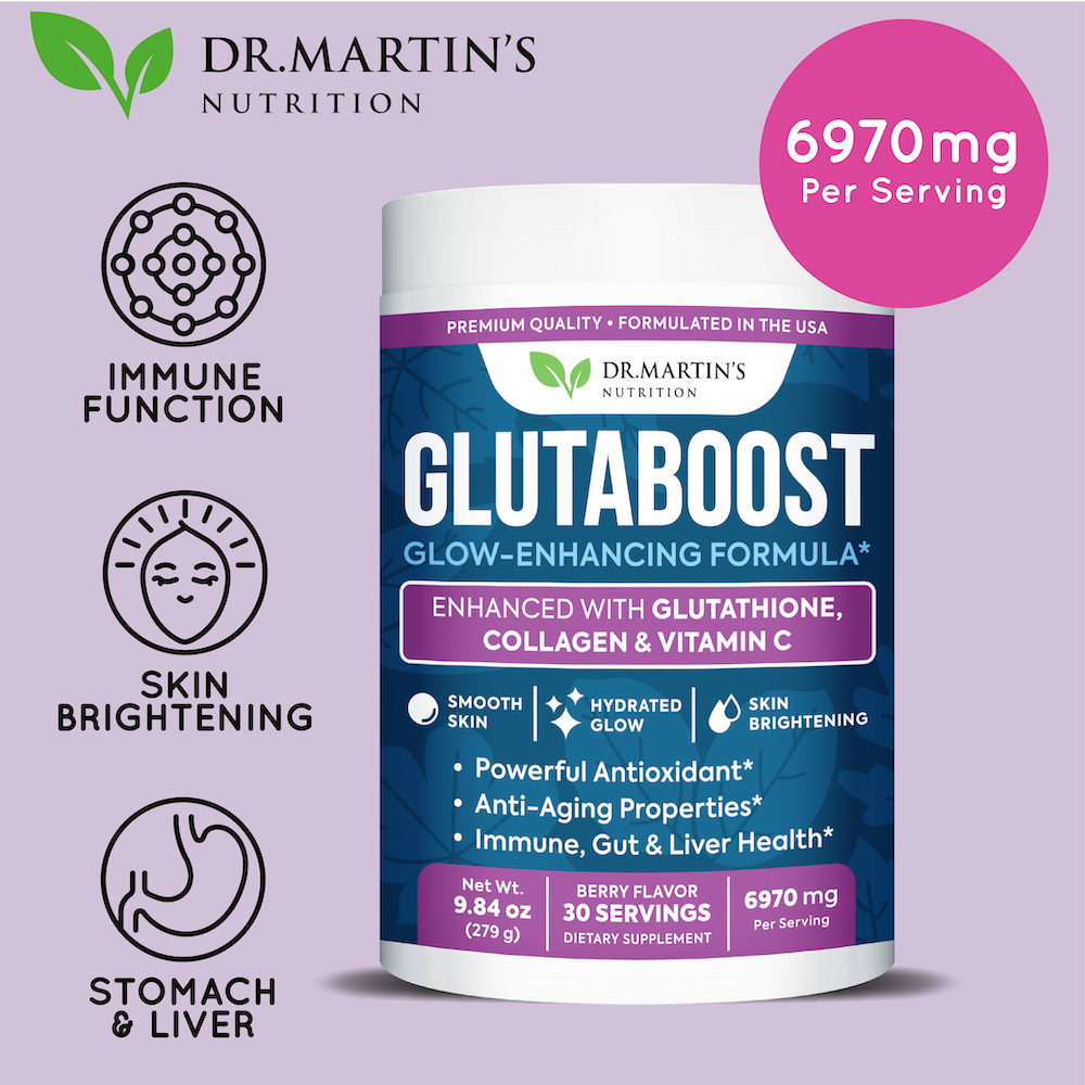 A promotional image for Dr. Martin's Nutrition Glutaboost, a glow-enhancing dietary supplement powder with listed skin benefits.