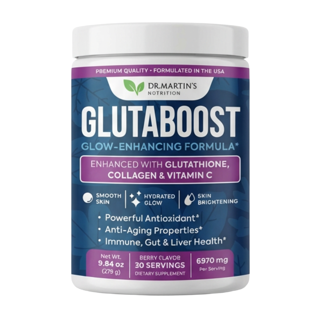 A container of Dr. Martin's Nutrition GlutaBoost, a glow-enhancing formula dietary supplement.