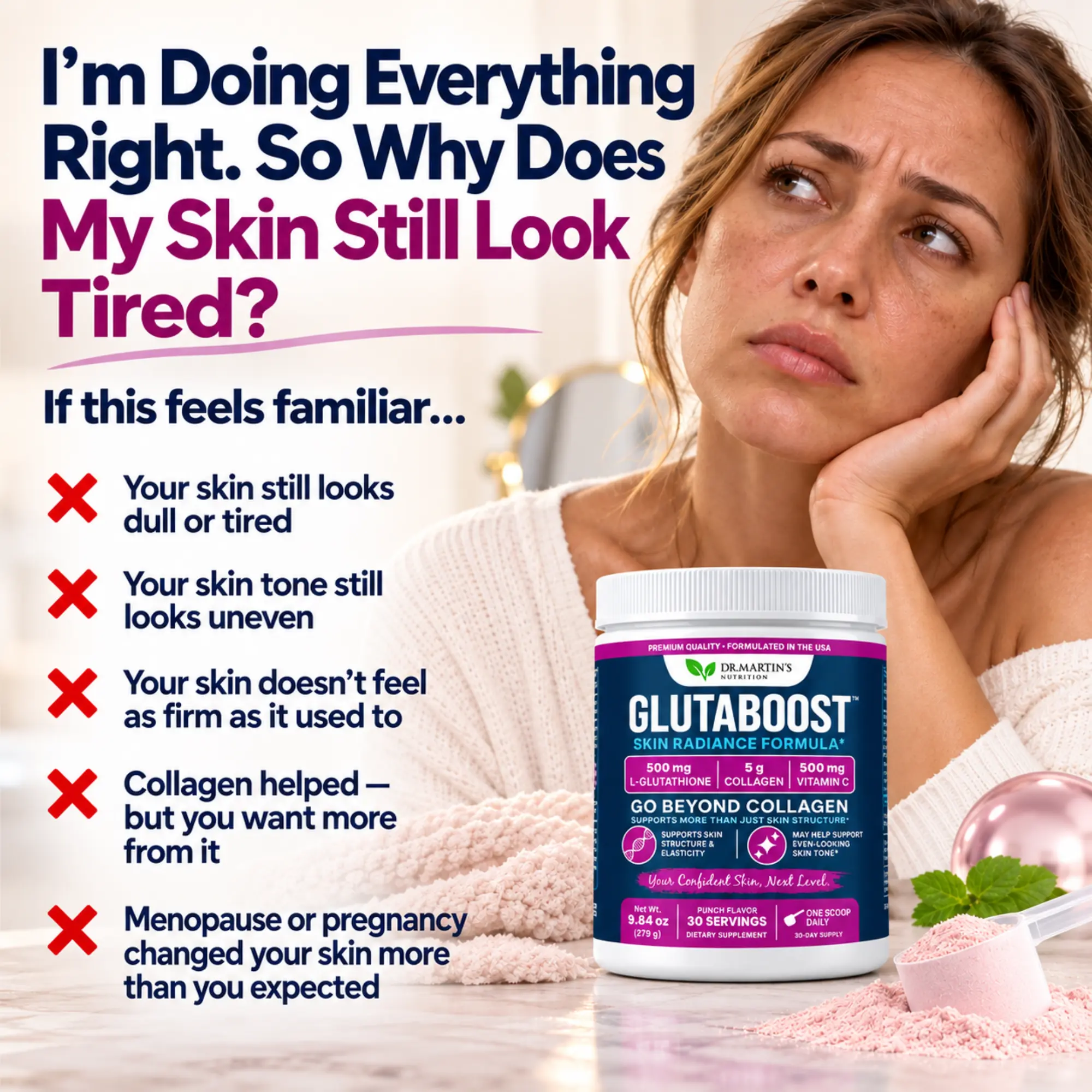 Woman holding a smoothie with Glutaboost supplement displayed.