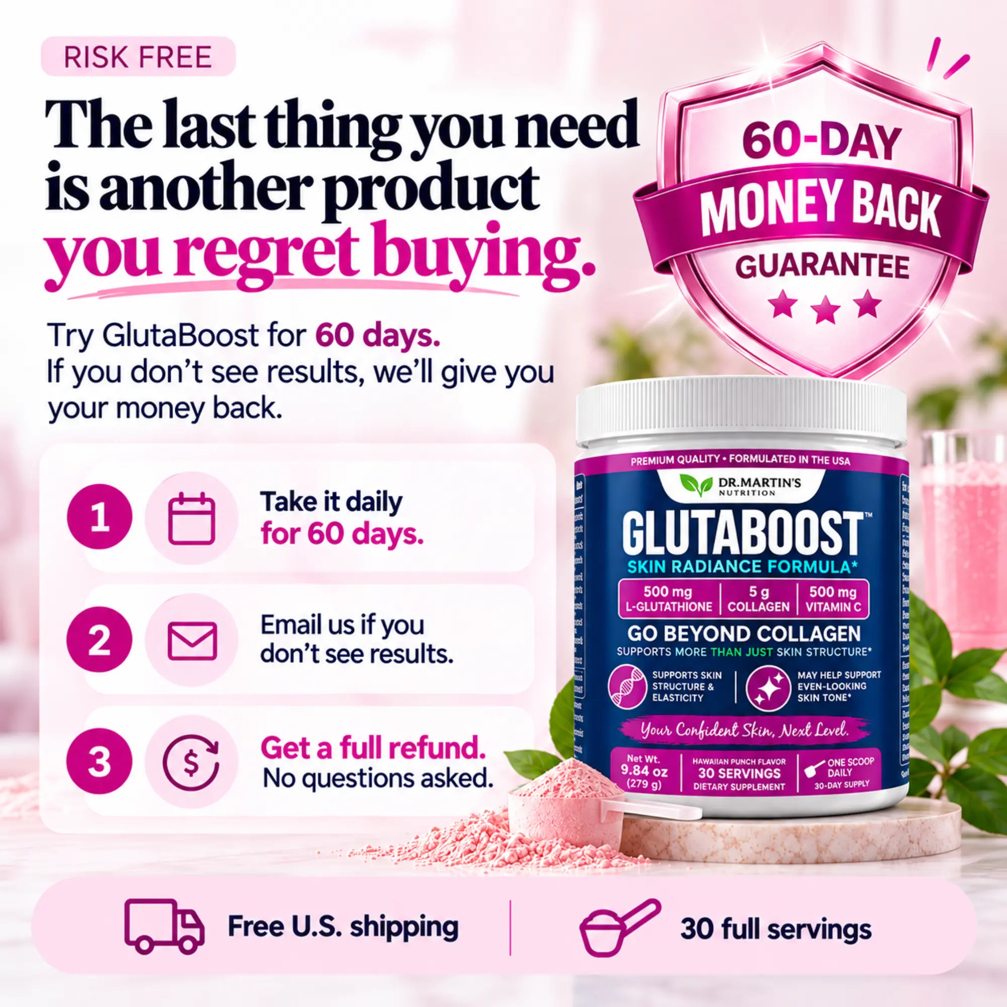 Infographic illustrating GlutaBoost benefits with ingredients and their effects on skin health.