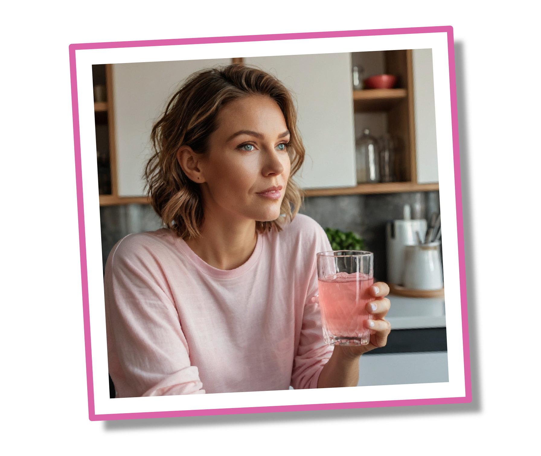 Woman in pink shirt holding a glass of pink drink in a kitchen.