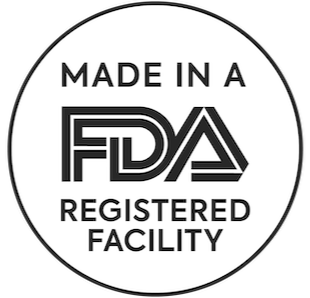 Circular badge with text 'Made in a FDA Registered Facility.'