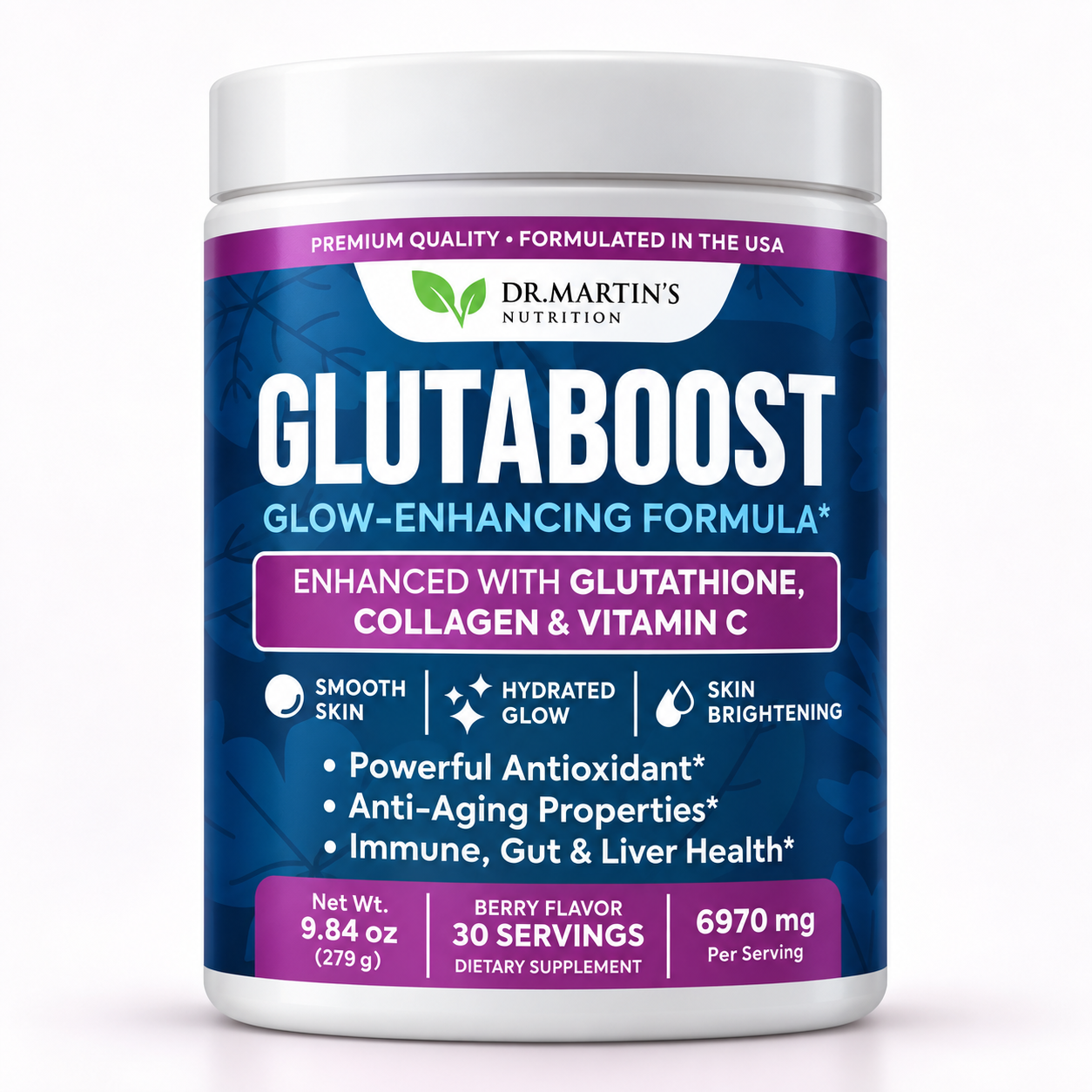 A white container of Dr. Martin's Nutrition Glutaboost, a glow-enhancing formula dietary supplement powder.