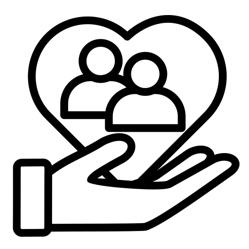 A black outline icon of a hand holding a heart with two people inside.