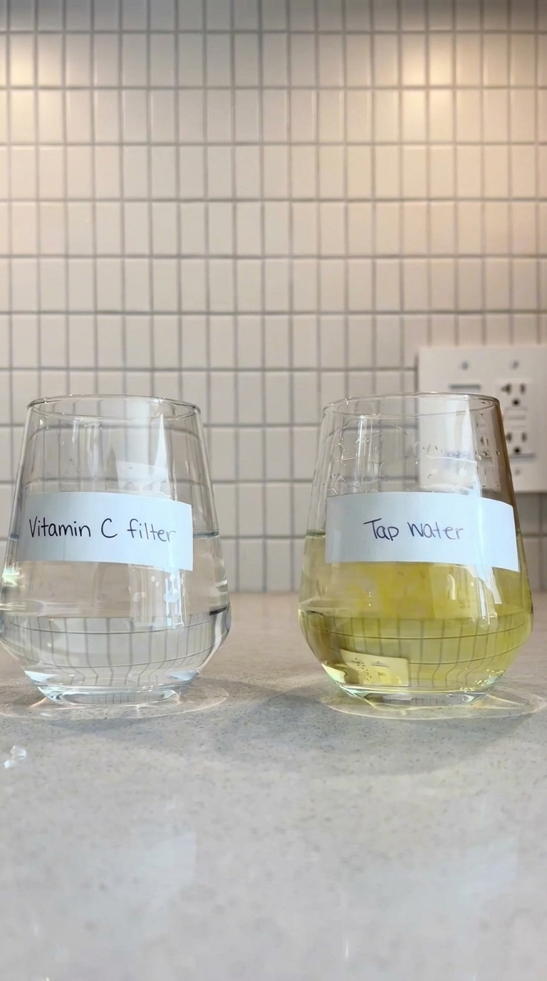 Two glasses of water, one clear labeled 'Vitamin C filter' and one yellow labeled 'Tap water'.