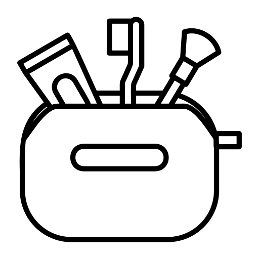 A black and white line drawing of a cosmetic bag with a toothbrush, toothpaste, and a makeup brush.