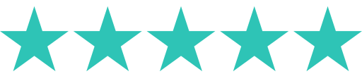 Five teal stars in a row on a transparent background.