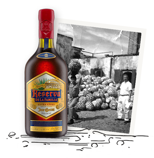 Bottle of Reserva tequila with a vintage photo of agave harvesters.