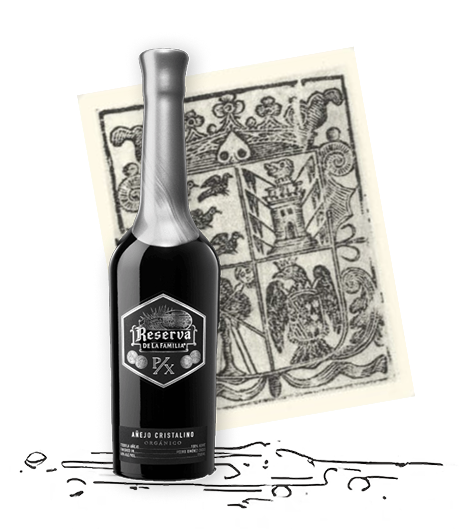 A bottle of Reserva tequila in front of a vintage-style illustration.