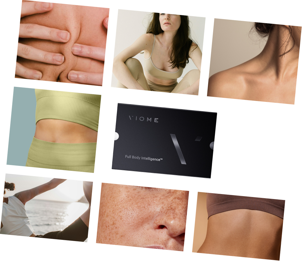 Collage of body parts, fitness clothing, and a Viome product box.