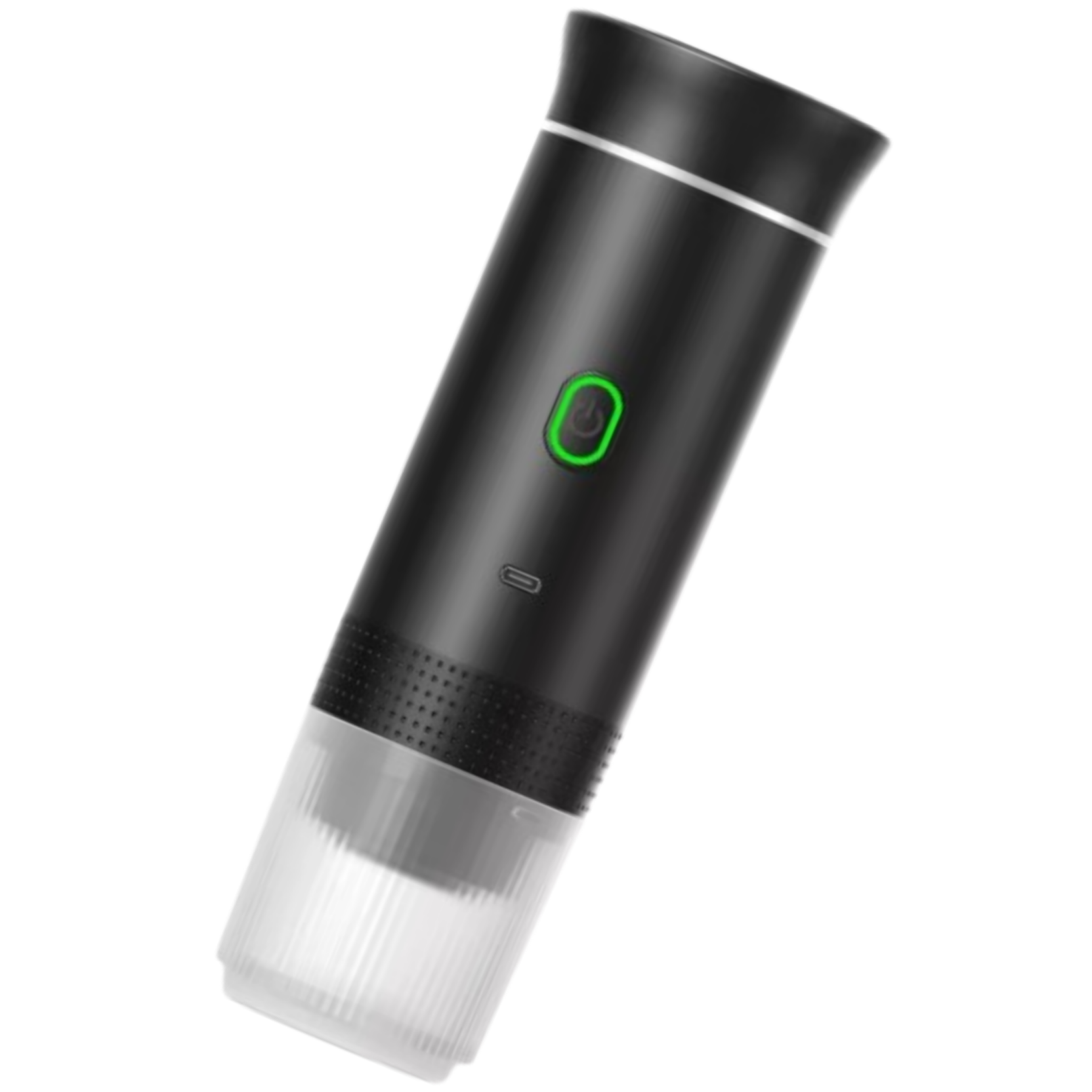 A black, handheld digital microscope with an illuminated green power button, shown against a white background.