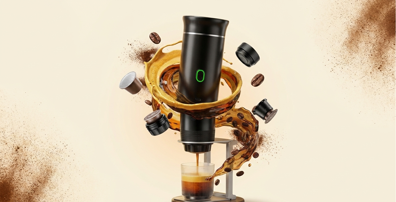 A black portable coffee maker dispensing espresso, surrounded by a splash of coffee, beans, and capsules.