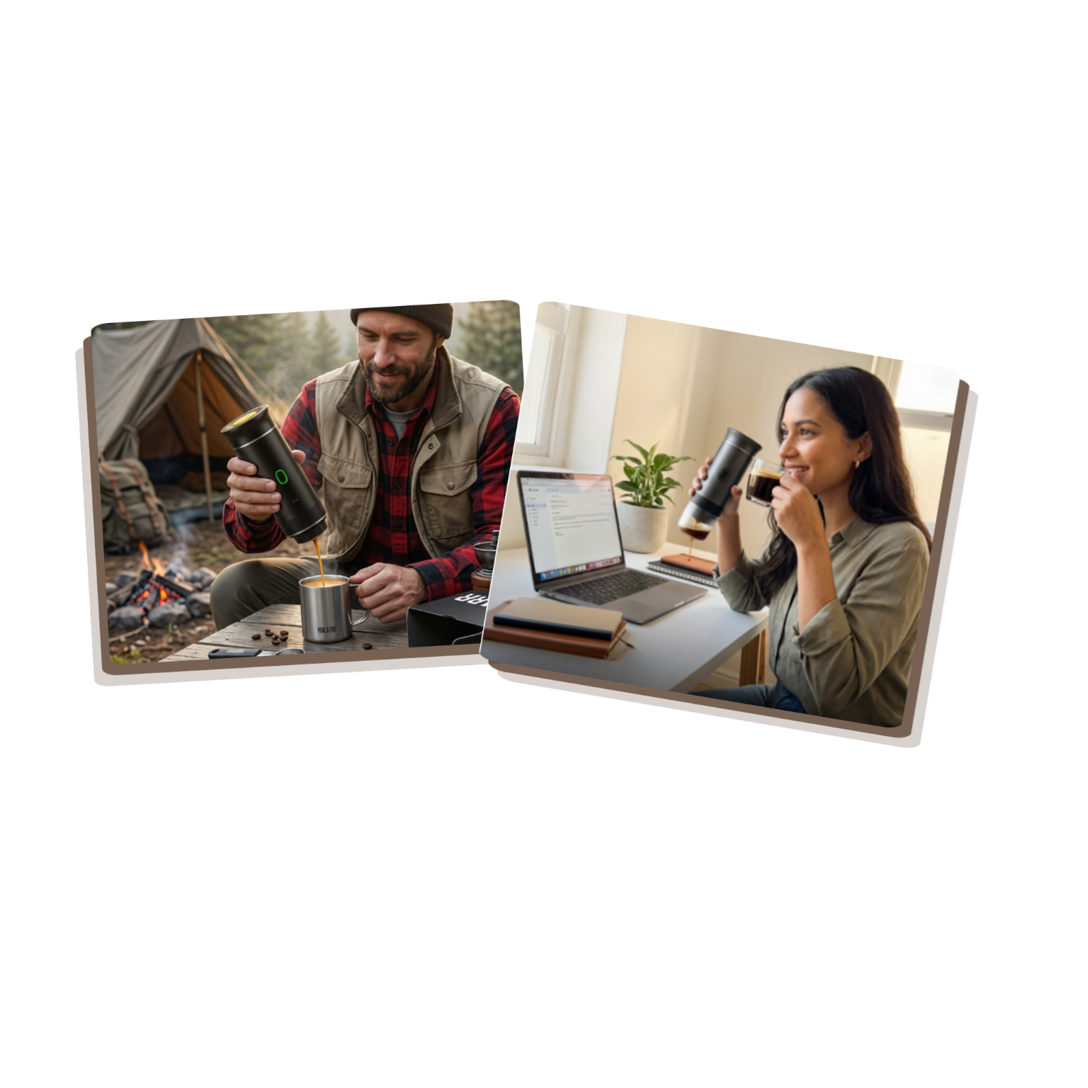 A collage showing a man making coffee while camping and a woman drinking coffee at her desk.