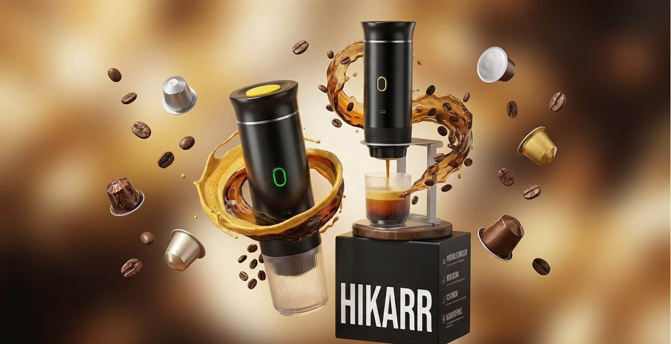 Two HIKARR portable espresso makers surrounded by floating coffee beans, pods, and splashes of coffee.
