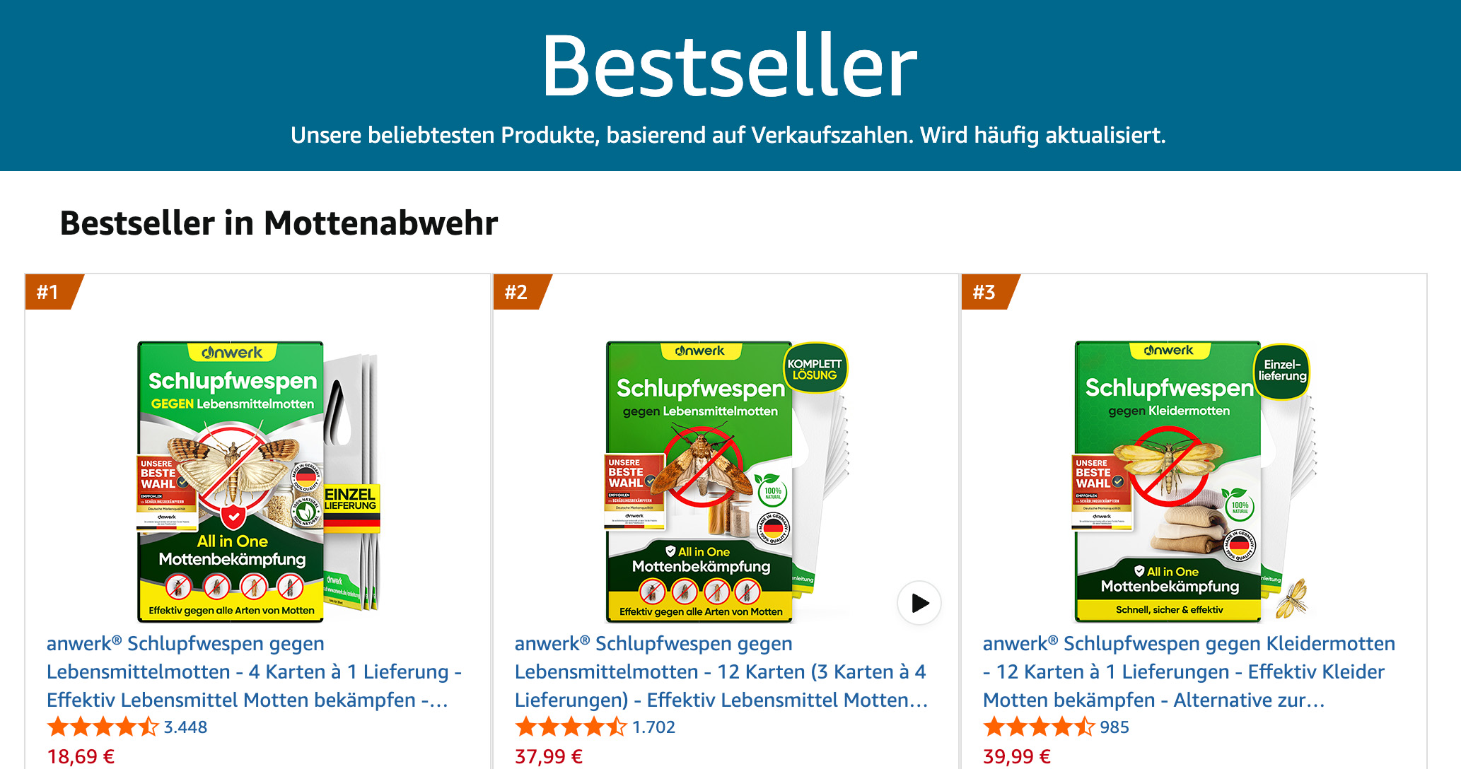A screenshot of a German webpage showing the top three bestselling moth repellent products.