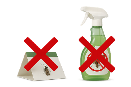 Insect trap and spray bottle with red crosses over them.