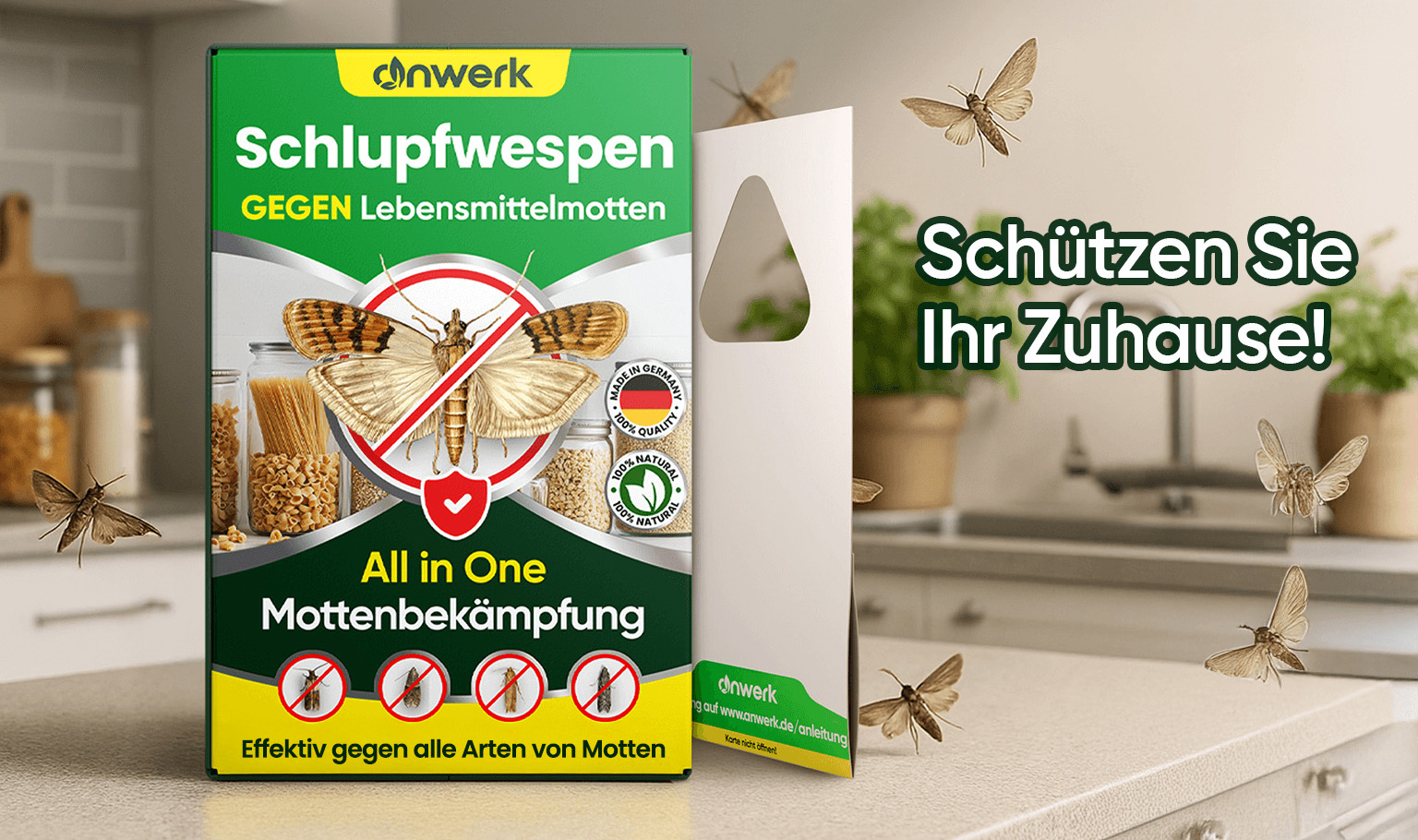 Insect control product box with flying moths around a kitchen countertop.
