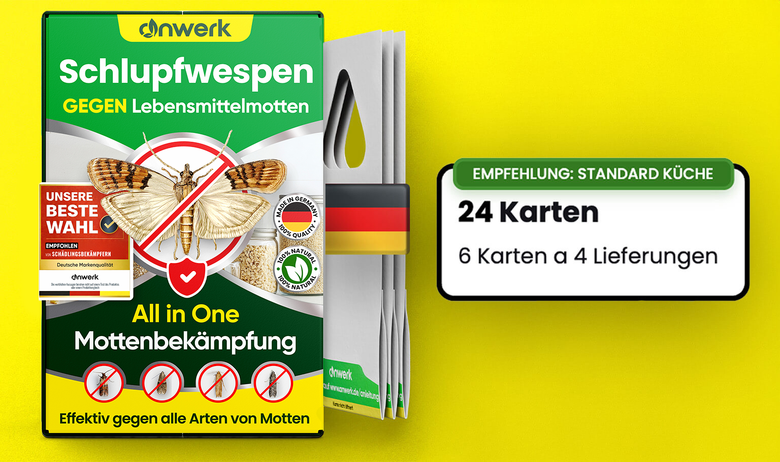 Packaging for a German moth control product, showing the box and treatment cards against a yellow background.
