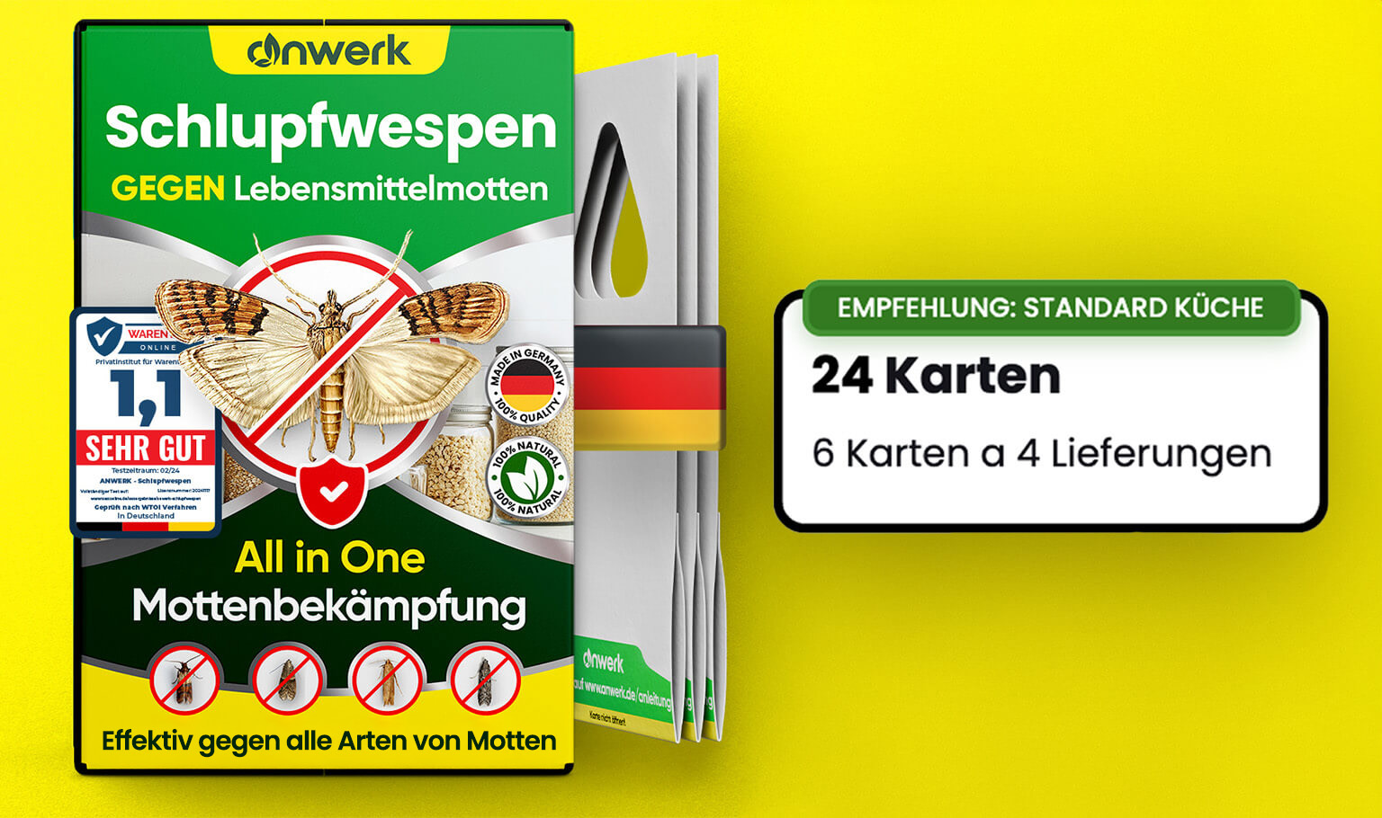 Packaging of a moth control product against pantry moths with diagrams and logos on a yellow background.