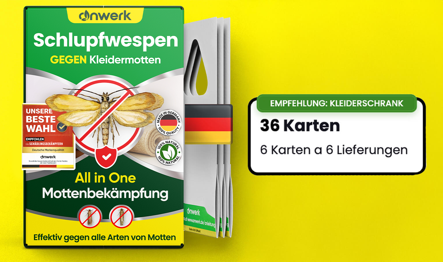 A German product box for moth control, dnwerk Schlupfwespen, with dispenser cards on a yellow background.