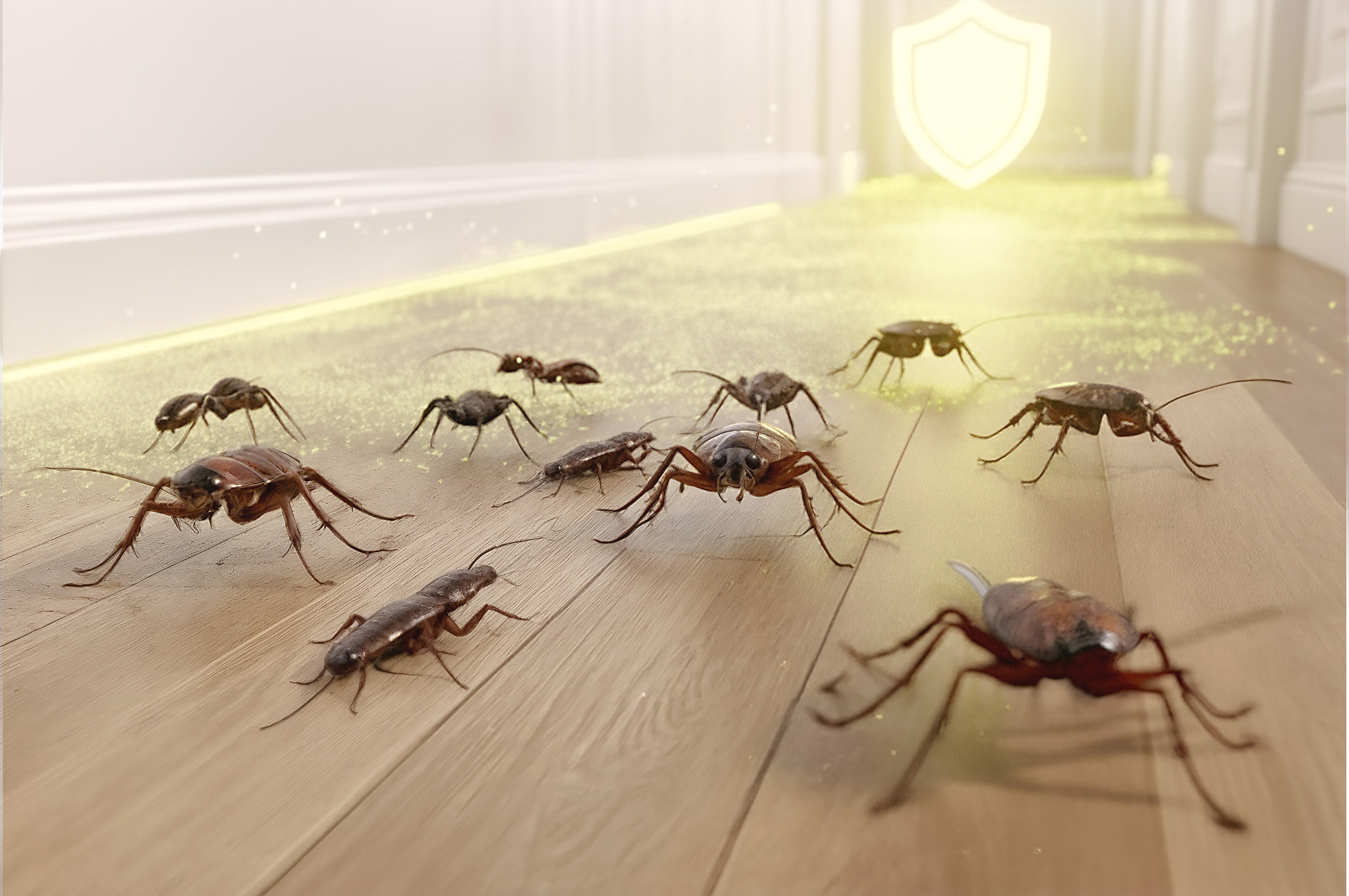 Several cockroaches on a wooden floor with a glowing shield in the background.
