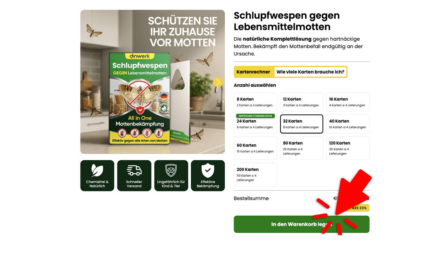 Product packaging for moth control with selection options and large red arrow pointing to a green button.