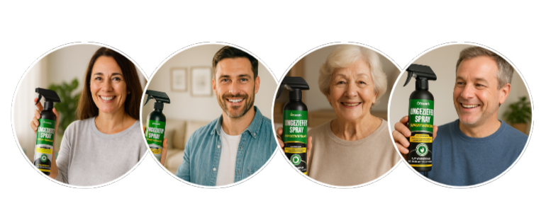 Four people smiling and holding insect spray bottles.
