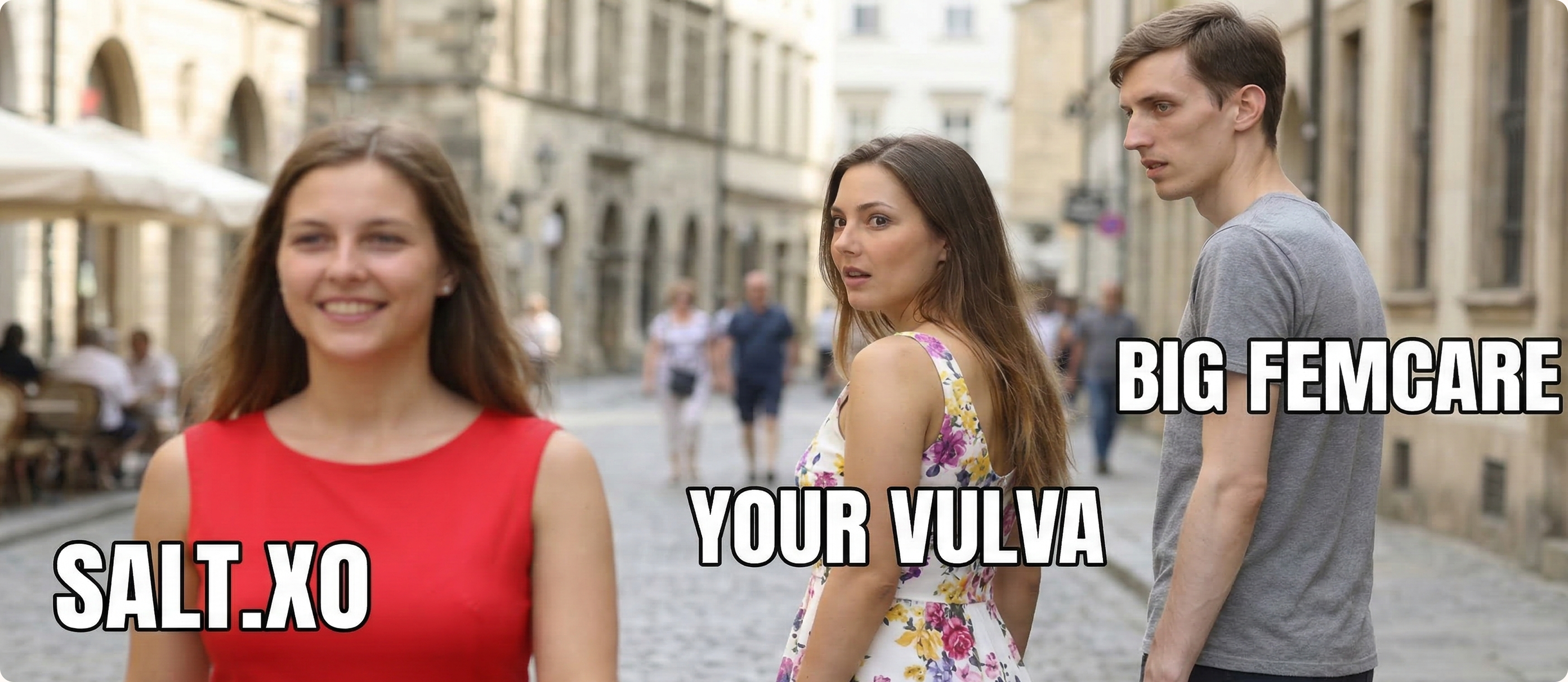 Street scene showing three people walking: two women labeled 'SALT.XO' and 'YOUR VULVA' on the left, and a man labeled 'BIG FEMCARE' on the right, contrasting natural feminine care with conventional brands