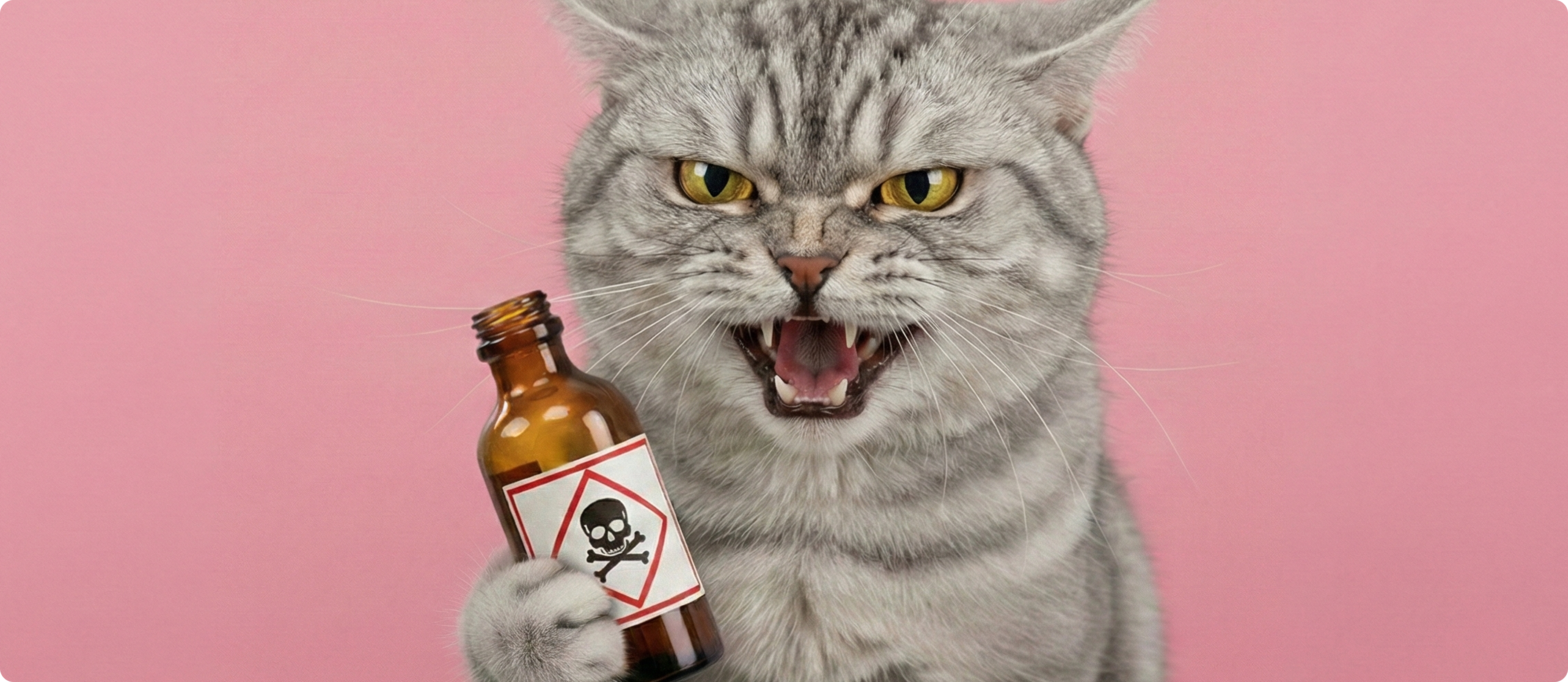 Cat holding a bottle with danger sign against a pink background