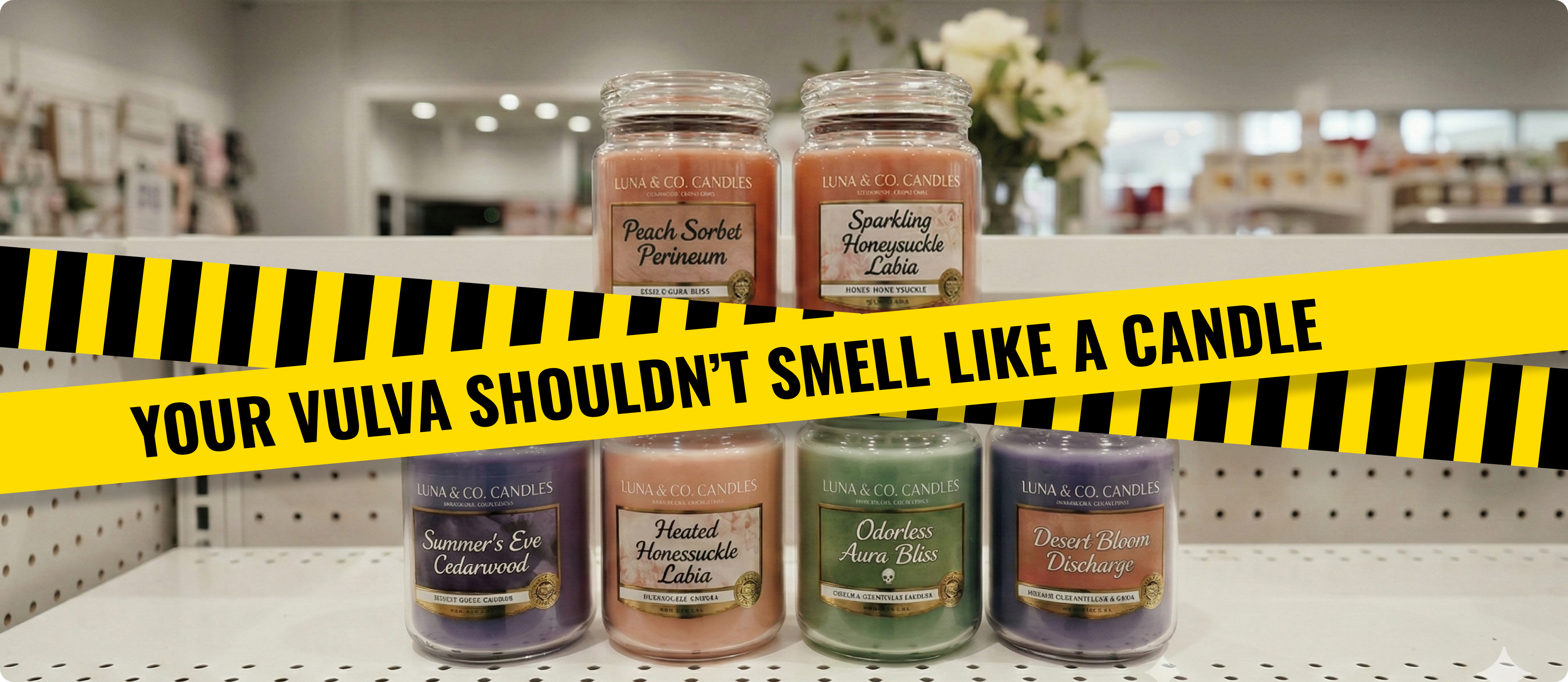 Yellow and black warning tape graphic with text 'YOUR VULVA SHOULDN'T SMELL LIKE A CANDLE' criticizing scented feminine products