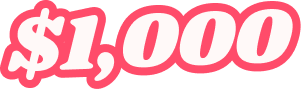 The text $1,000 in an off-white, bubbly font with a thick pink outline.
