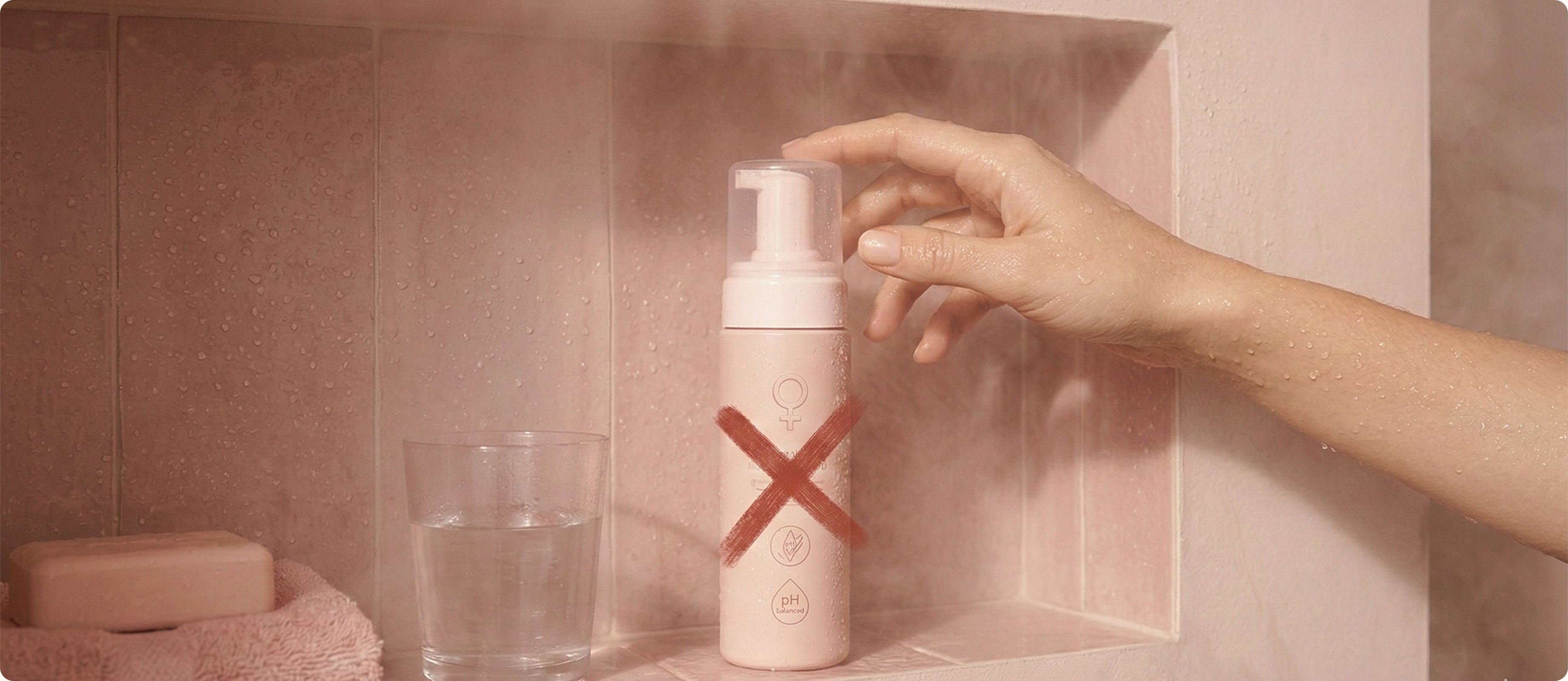 Woman looking concerned while holding a product, highlighting issues with traditional feminine washes