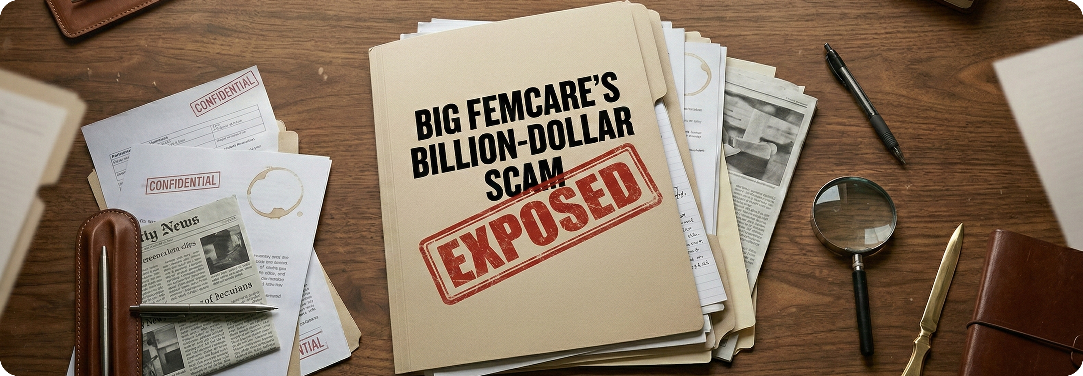 Big Femcare Exposed banner with red 'EXPOSED' stamp and text 'Billion-Dollar Scam - And Created The V-Wash Your Kitty Deserves