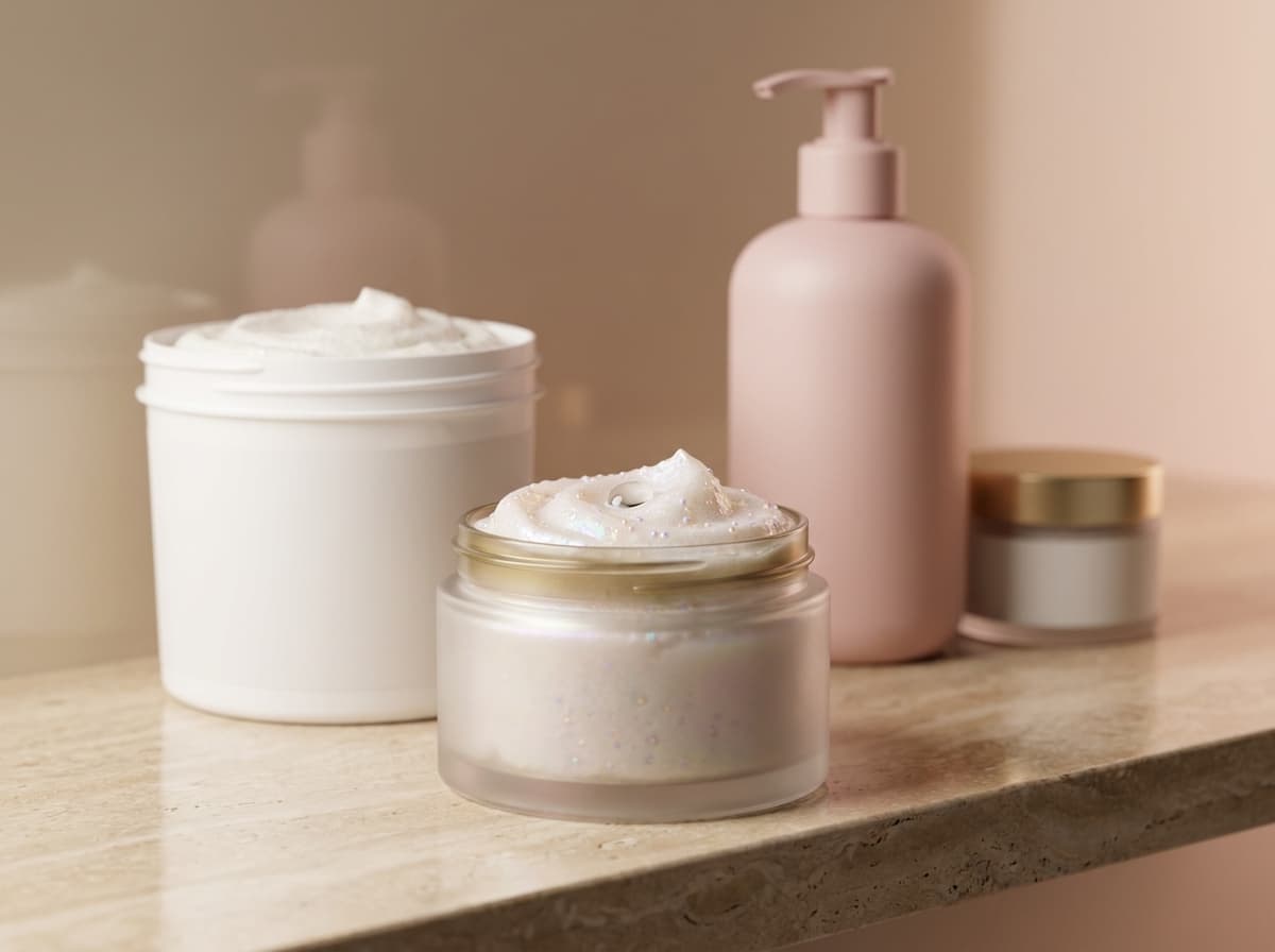 Various cosmetic jars and a pink pump bottle containing white cream, sitting on a marble countertop.