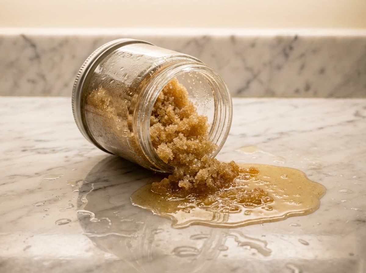 A glass jar of brown sugar scrub has spilled onto a marble countertop.