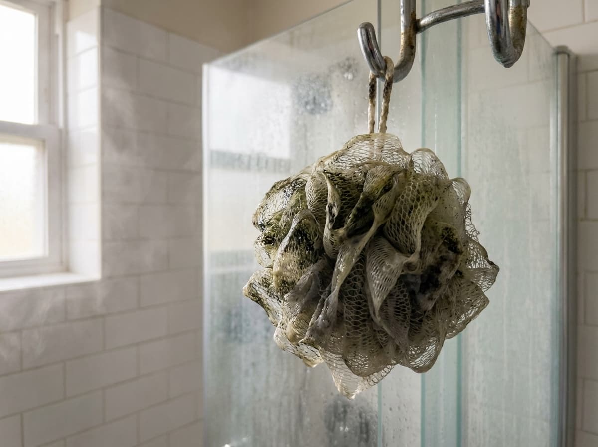 A dirty, moldy shower loofah hangs from a metal hook on a steamy glass shower door.