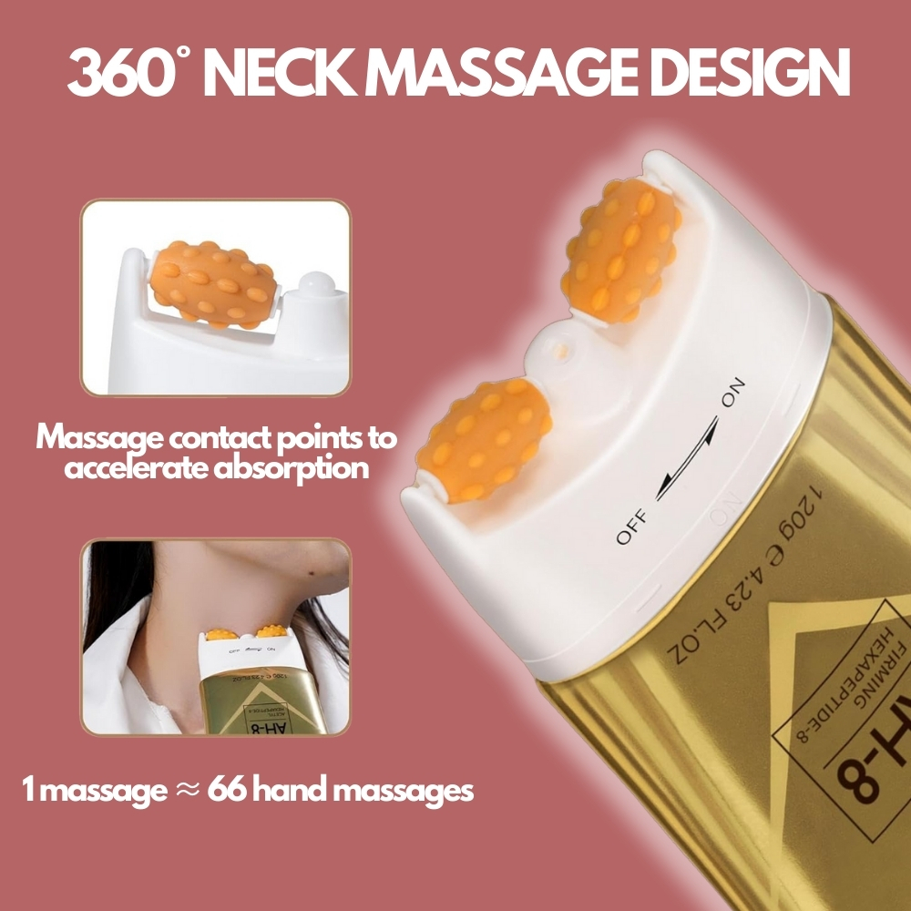 Neck massage device with orange rollers and text about massage benefits.
