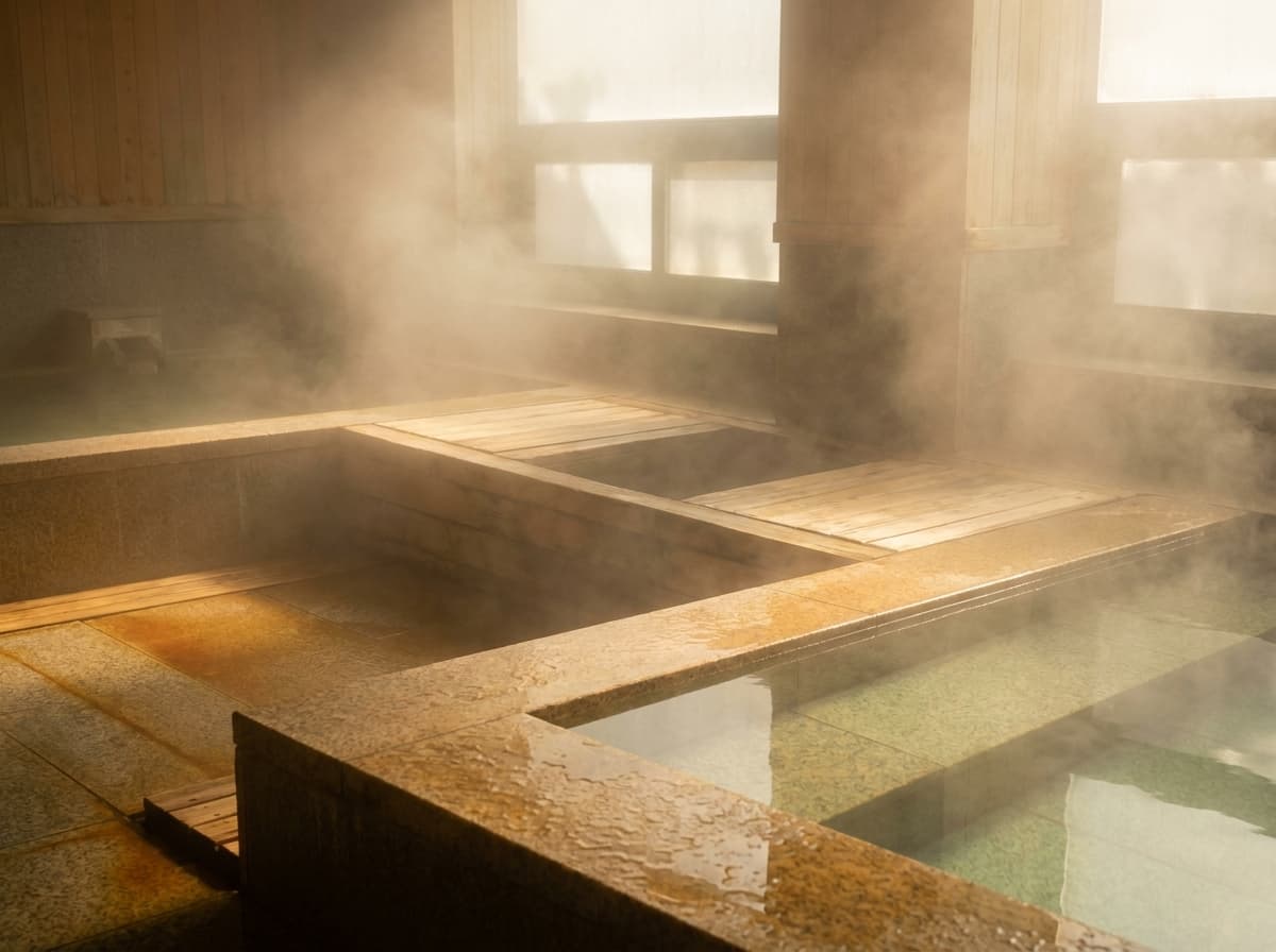 A traditional Japanese bathhouse with steam rising from sunlit stone and wooden pools.