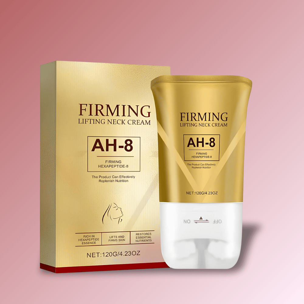 Gold packaging of AH-8 firming neck cream against a pink gradient background.